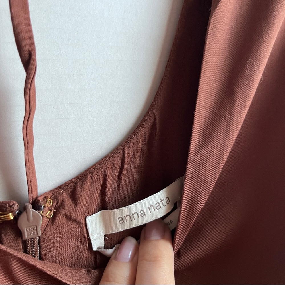 Anna Nata Brown Babydoll Mini Dress Empire Waist Cap Sleeve Pockets Scoop XS NEW - Picture 7 of 10